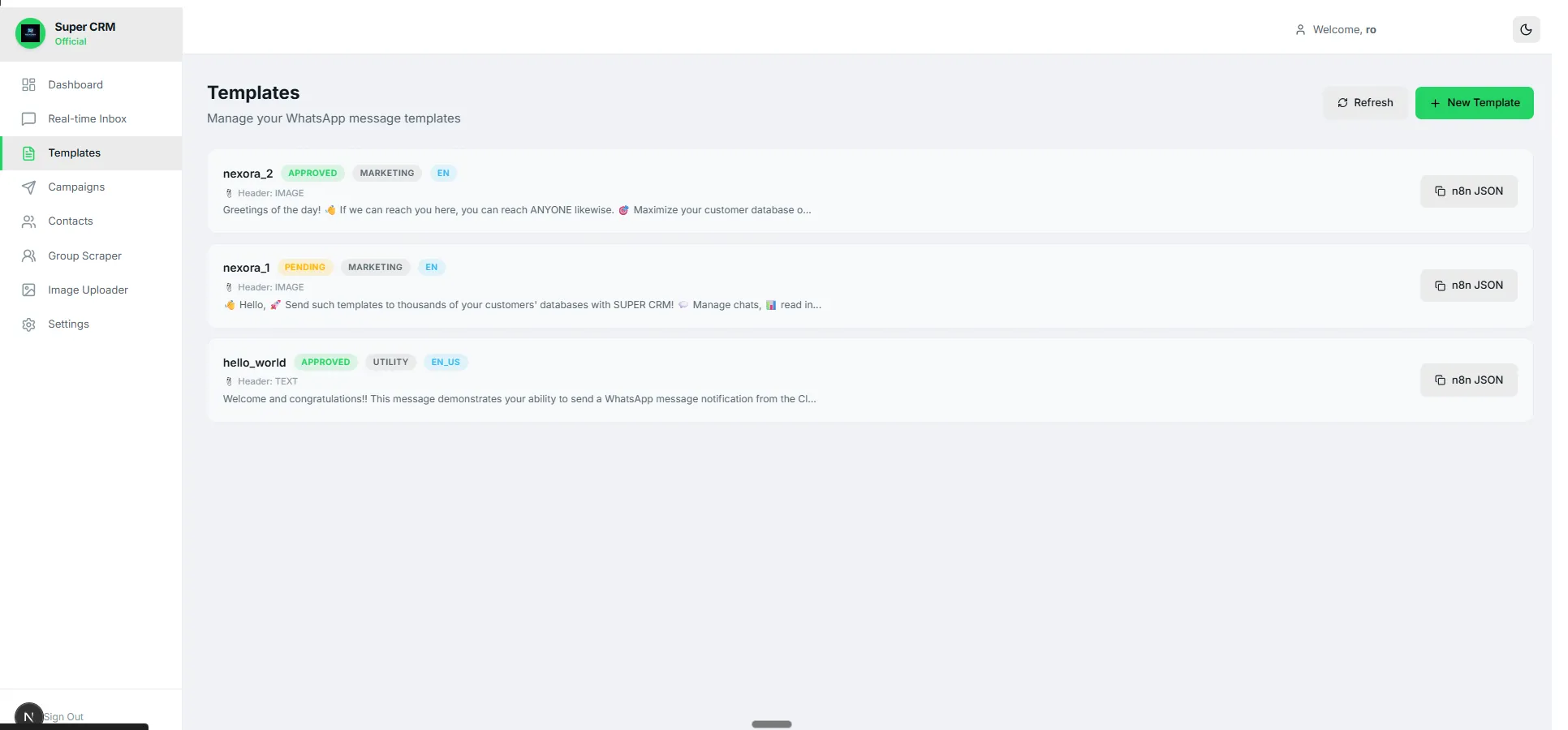 SuperCRM dashboard showing WhatsApp message templates with their approval status